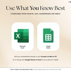 May include: Image features the text "Use What You Know Best" and "Compatible with your PC, Mac, Smartphone, or Tablet." Two icons are displayed: Microsoft Excel and Google Sheets. The text below says, "Edit your spreadsheet directly in your browser on Mac or PC or on the go with Google Sheets or Excel on your phone or tablet."