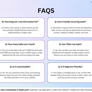May include: A digital FAQ sheet detailing a task tracker's features. The sheet, titled "FAQs", presents questions and answers about usage duration, recurring tasks, task capacity, filtering options, customisation, and ease of use for beginners.
