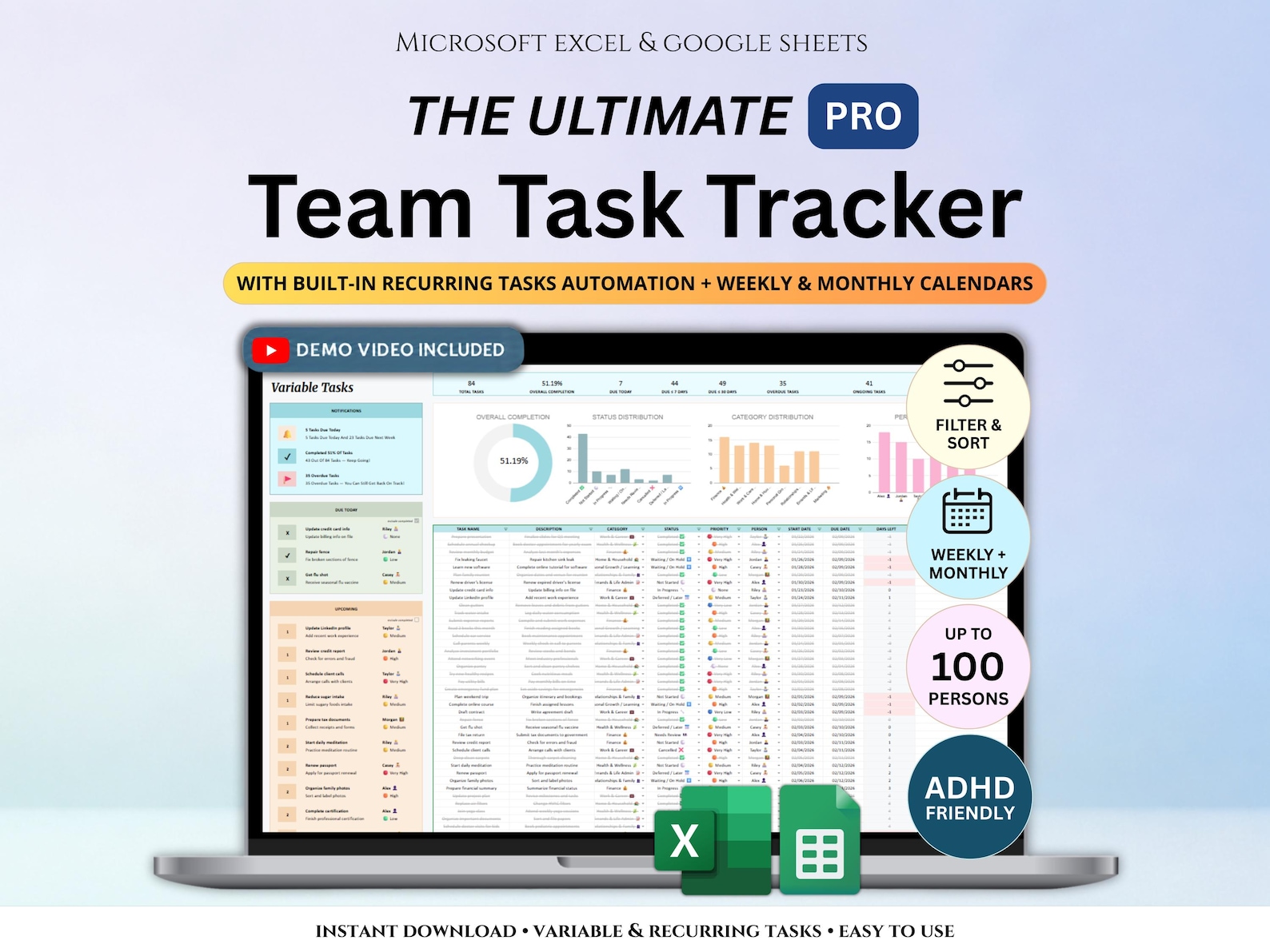 Task Tracker Spreadsheet to Do List Digital ADHD Productivity Template ...