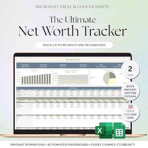 Foglio di calcolo per il monitoraggio del patrimonio netto per Excel e Fogli Google, dashboard del calcolatore del patrimonio netto, monitoraggio di attività e passività, finanza personale
