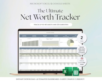 Foglio di calcolo per il monitoraggio del patrimonio netto per Excel e Fogli Google, dashboard del calcolatore del patrimonio netto, monitoraggio di attività e passività, finanza personale