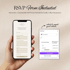 May include: A smartphone displaying an interactive RSVP form with fields for guest names and attendance status, alongside a digital interface showing a list of collected guest responses and a button to view responses in a spreadsheet format.