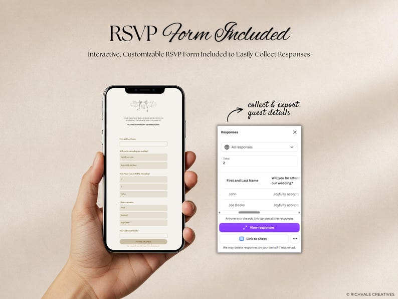 May include: A smartphone displaying an interactive RSVP form with fields for guest names and attendance status, alongside a digital interface showing a list of collected guest responses and a button to view responses in a spreadsheet format.
