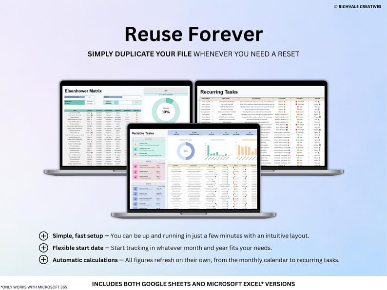 May include: Three laptops displaying spreadsheet templates. The text "Reuse Forever" and "Simply Duplicate Your File Whenever You Need a Reset" are at the top. Additional text includes "Eisenhower Matrix" and "Recurring Tasks".