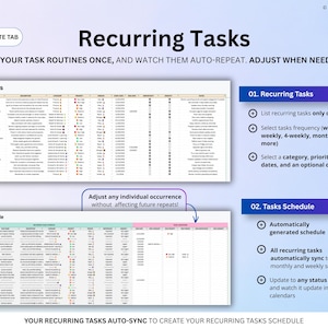 May include: A digital graphic explaining how to set up and manage recurring tasks. The image features tables, bullet points, and a blue and purple colour scheme. The text includes instructions on how to auto-sync tasks and adjust them.