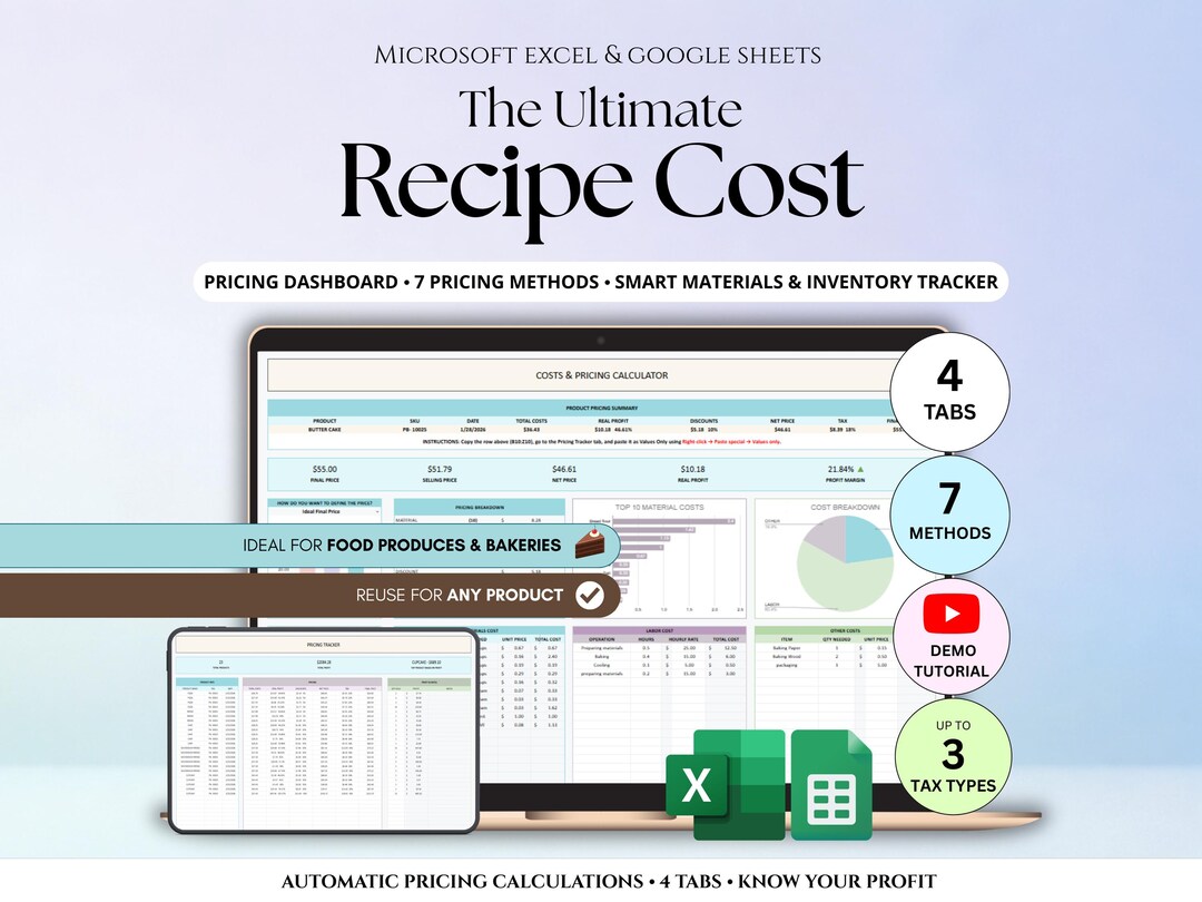 Recipe Cost and Pricing Calculator Spreadsheet for Bakery Business 7 ...