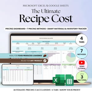 Calculadora de costos y precios de recetas para panaderías: 7 métodos de fijación de precios, herramienta sencilla para calcular costos y ganancias, hojas de cálculo de Google y Excel.