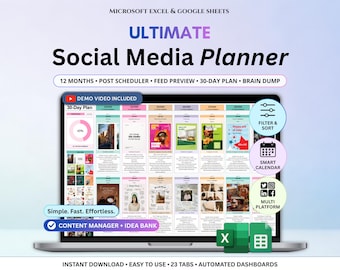 Planificateur de contenu pour les réseaux sociaux, feuille de calcul Calendrier des réseaux sociaux, multiplateforme, feuilles Google Excel, Instagram TikTok, Planificateur de publications Youtube