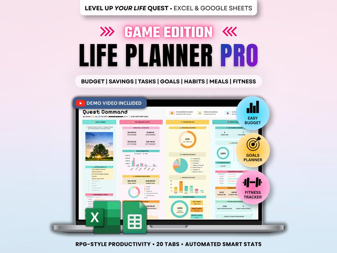 Gamified ADHD Life Planner Spreadsheet Google Sheets Excel Habit ...