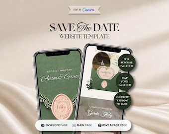 Save the Date Sage & Blush modèle de site Web, site Web de mariage, faire-part de mariage numérique avec RSVP, toile modifiable