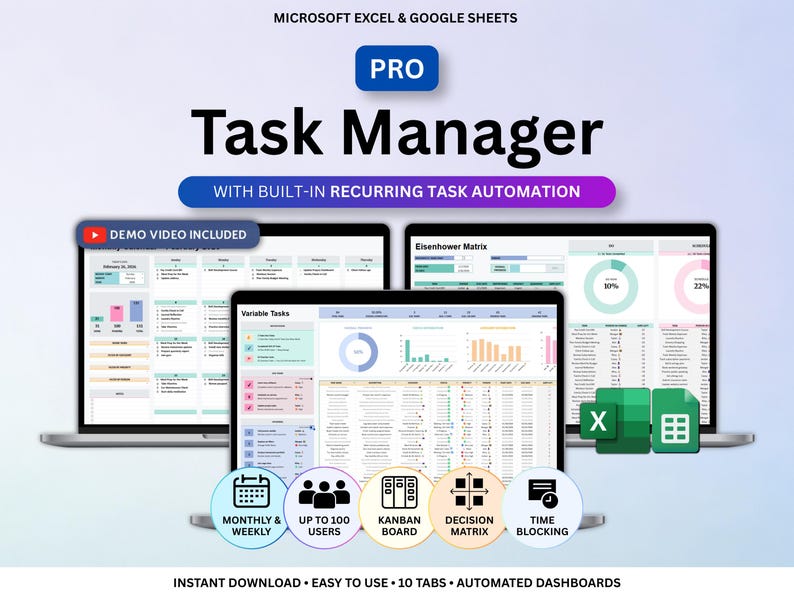 May include: An advertisement for a digital task manager, displayed on three laptops. The image showcases spreadsheets with data and charts. Text includes "Task Manager," "Demo Video Included," and icons representing features such as Kanban Board and Time Blocking.