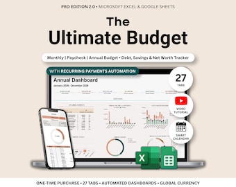 Modèle de budget de feuille de calcul de budget annuel ultime Feuilles de calcul Excel Google, budget des chèques de paie Suivi du budget mensuel Suivi des factures Calculatrice de la dette