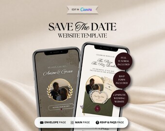 Modèle de site web Save the Date Sauge et Bourgogne, site web de mariage modifiable, invitation numérique avec formulaire de réponse, Canva modifiable