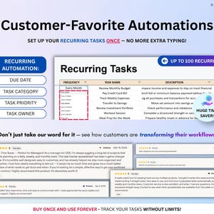 May include: An advertisement for a digital task tracker, showcasing a spreadsheet interface with recurring task options. The image includes customer testimonials and the text "Customer-Favorite Automations." The product promises to set up recurring tasks once.