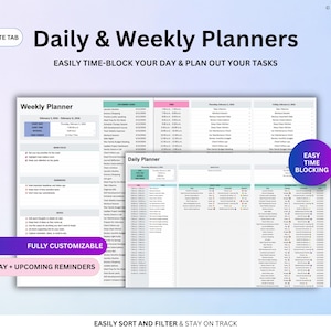 May include: Digital daily and weekly planners with a blue and white design. The planners include sections for time-blocking, task planning, and reminders. Text on the image includes "Daily & Weekly Planners", "Easily Time-Block Your Day & Plan Out Your Tasks", and "Fully Customizable".