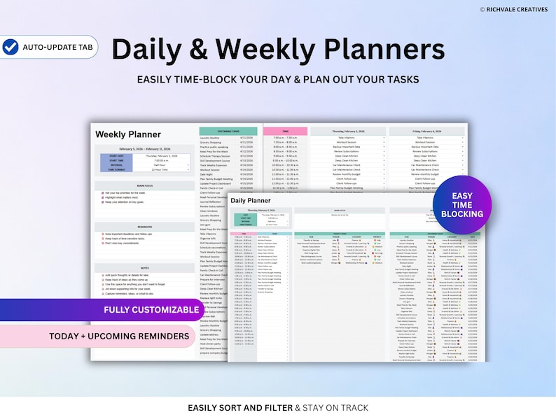 May include: Digital daily and weekly planners with a blue and white design. The planners include sections for time-blocking, task planning, and reminders. Text on the image includes "Daily & Weekly Planners", "Easily Time-Block Your Day & Plan Out Your Tasks", and "Fully Customizable".