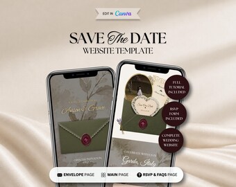 Modèle de site web « Save the Date » Sage & Merlot avec compte à rebours, invitation de mariage numérique avec RSVP, Canva modifiable