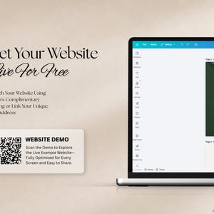 May include: A laptop screen displaying a website design interface with a sidebar menu and page previews. Text reads: Get Your Website Live For Free, Launch Your Website Using Canva's Complimentary Hosting, and a QR code labelled WEBSITE DEMO.