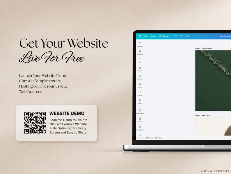 May include: A laptop screen displaying a website design interface with a sidebar menu and page previews. Text reads: Get Your Website Live For Free, Launch Your Website Using Canva's Complimentary Hosting, and a QR code labelled WEBSITE DEMO.