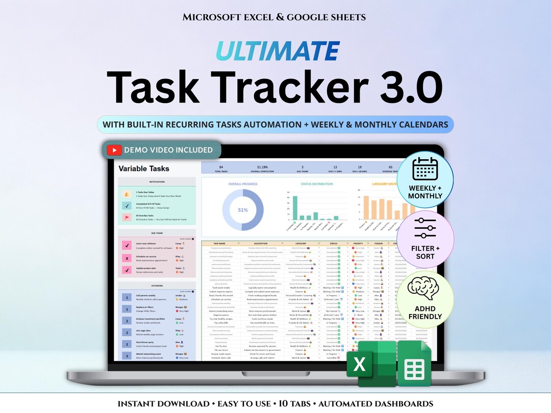 Task Tracker Spreadsheet ADHD Productivity to Do List Template ...
