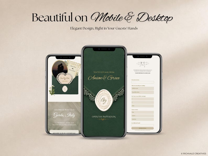 Emerald & Champagne Save the Date Website Template, Editable Wedding Website, Digital Invitation with RSVP, Canva Template image 2