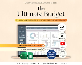 Ultimate Annual Budget Spreadsheet Budget Spreadsheet Excel Google Sheets, Paycheck Budget Monthly Budget Tracker Bills Debt  Tracker