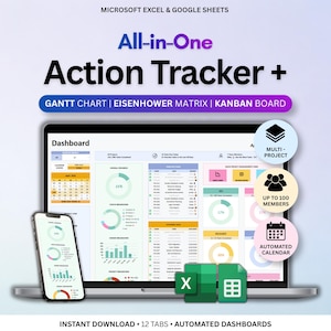 Multi Project Action Tracker Project Planner Spreadsheet ADHD Task Tracker Excel Google Sheets Gantt Chart Kanban Board Eisenhower Matrix