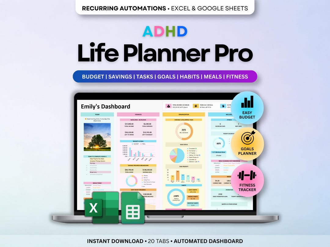ADHD Life Planner Spreadsheet Excel Google Sheets Budget Tracker ...