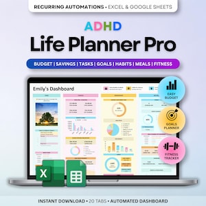 May include: A laptop displays an ADHD Life Planner Pro dashboard with budget, savings, tasks, goals, habits, meals, and fitness sections. The screen shows charts and graphs, with icons for easy budget, goals planner, and fitness tracker. The image includes Excel and Google Sheets icons.