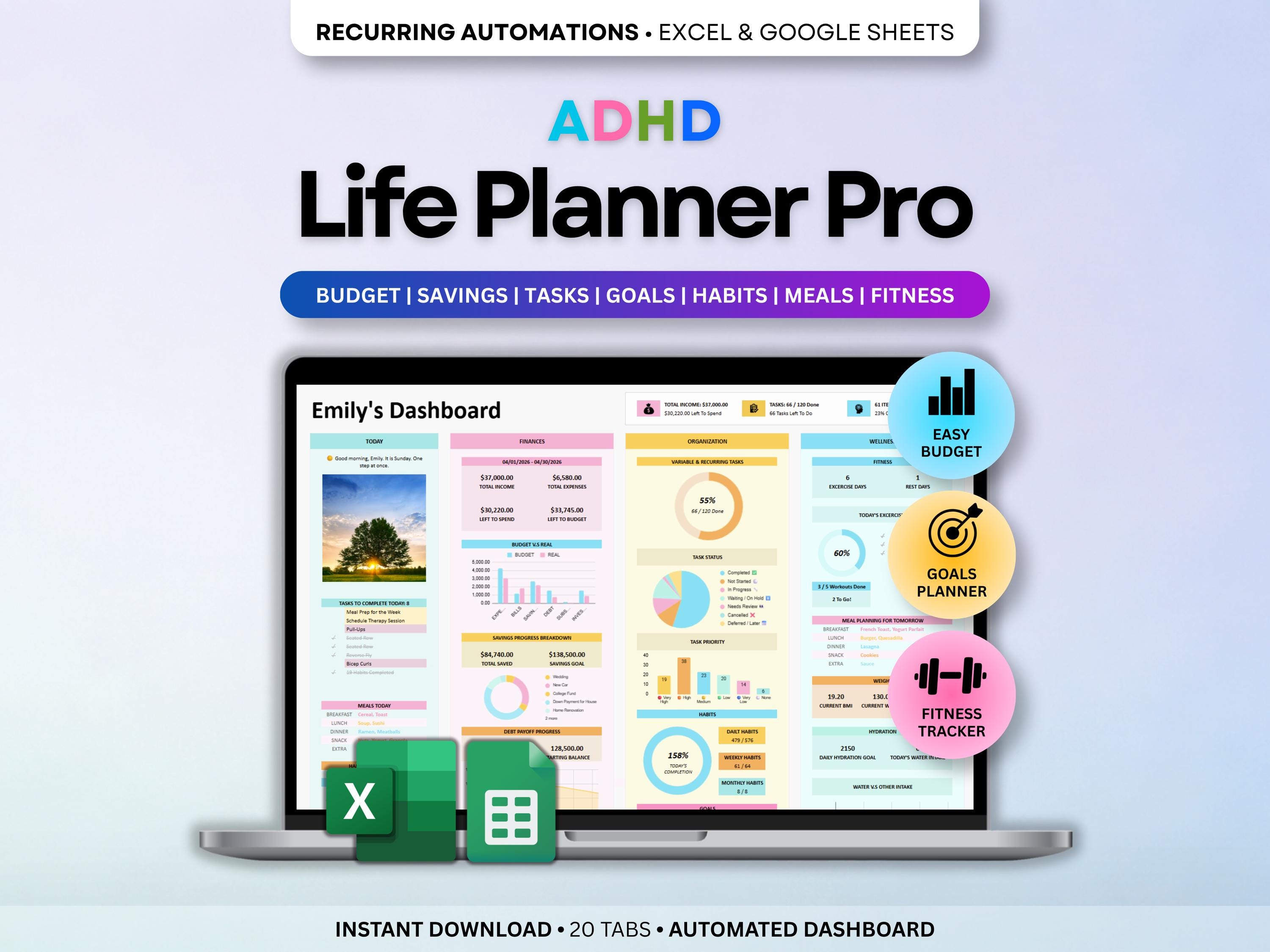 ADHD Life Planner Spreadsheet Excel Google Sheets Budget Tracker ...