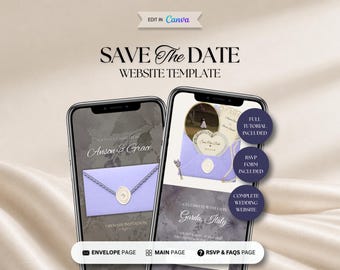 Modèle de site web « Réservez la date » lilas et crème, invitation numérique avec RSVP, invitation de mariage Canva modifiable, site web de mariage modifiable