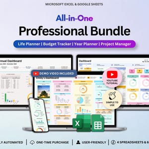 May include: An advertisement for a professional bundle of spreadsheets for Microsoft Excel and Google Sheets. The image shows two laptops and a smartphone displaying dashboards, with the text "All-in-One Professional Bundle" and "Life Planner | Budget Tracker | Year Planner | Project Manager."