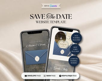 Modèle de site web « Réservez la date » Mist & Cream, invitation numérique avec RSVP, invitation de mariage Canva modifiable, site web de mariage modifiable