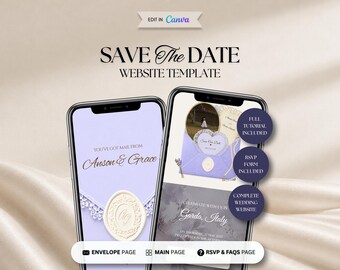 Modèle de site web « Save the Date » lavande et ivoire avec compte à rebours, site web de mariage, invitation de mariage numérique avec RSVP, Canva modifiable