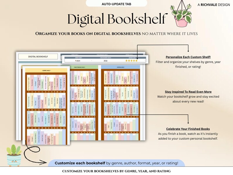 May include: Digital Bookshelf design with the text "Digital Bookshelf" and "Organize your books on digital bookshelves no matter where it lives." The design includes customizable shelves by genre, author, format, year, or rating.
