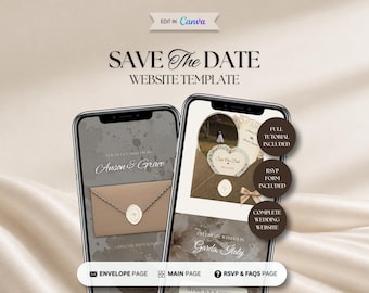 Modèle de site web Save the Date Sable & Ivory, site web de mariage modifiable, invitation numérique avec RSVP, invitation de mariage Canva modifiable