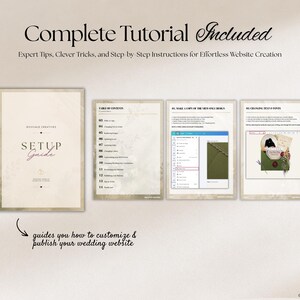 May include: A digital setup guide for a wedding website, featuring a cover page titled Setup Guide, a table of contents, and two instructional pages with screenshots and text. The document includes expert tips and step-by-step instructions.