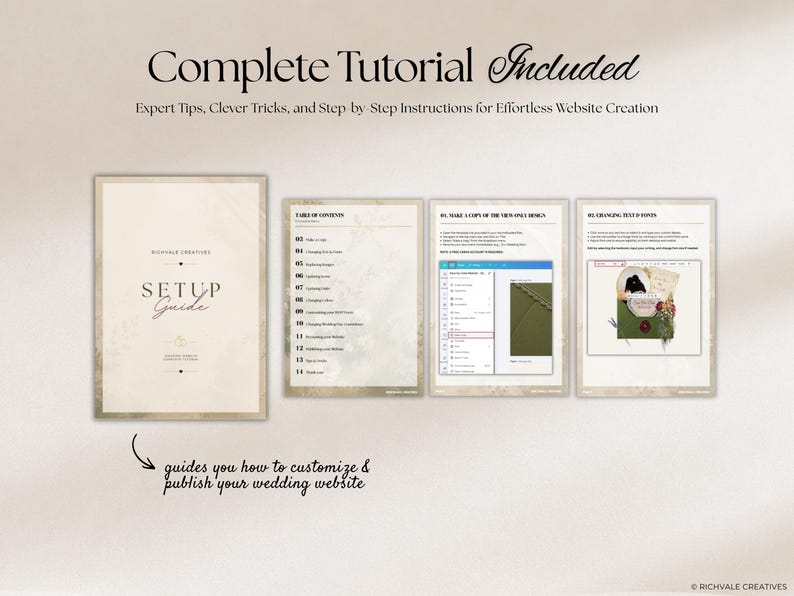May include: A digital setup guide for a wedding website, featuring a cover page titled Setup Guide, a table of contents, and two instructional pages with screenshots and text. The document includes expert tips and step-by-step instructions.