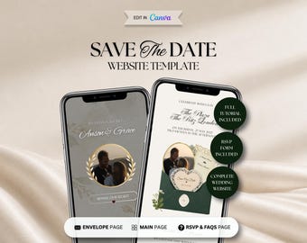 Modèle de site web Save the Date émeraude et or, site web de mariage modifiable, invitation numérique avec formulaire de réponse, Canva modifiable