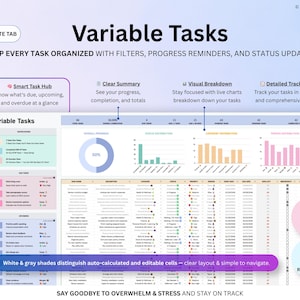 May include: A digital interface for "Variable Tasks" in blue and white. It features charts, progress indicators, and task lists. Text highlights features such as "Smart Task Hub" and "Detailed Tracking". The design is clean and organised, with a focus on task management.