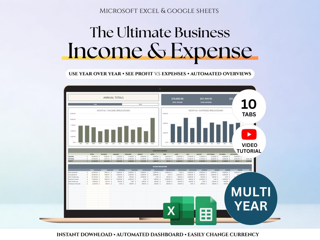 Small Business Bookkeeping Template, Income and Expense, Excel Google ...
