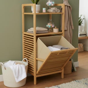May include: A light-colored wooden storage unit with shelves, a laundry hamper, and a woven basket. The shelves hold folded towels, decorative jars, and a potted plant. The hamper is open, revealing folded linens. A robe hangs on the side.