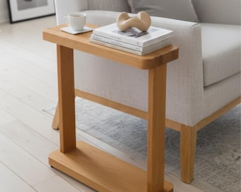 Slim Couch Side Table with Storage Shelf, Wooden Sofa Side Table for Small Spaces, Modern Living Room End Table