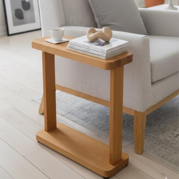 Slim Couch Side Table with Storage Shelf, Wooden Sofa Side Table for Small Spaces, Modern Living Room End Table