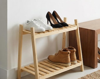2-Tier Natural Wood Shoe Rack | Modern Entryway Organizer
