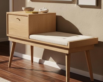 Wood Entryway Bench with Storage Drawer, Upholstered Seat, Modern Wooden Hallway Bench, Small Space Furniture, Minimalist Home Decor Gift