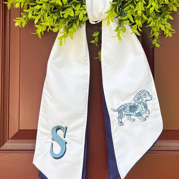 Personalized Embroidered Wreath Sash, Coastal Preppy Front Door Decor, Blue Chinoiserie Dachshund Monogram Sash, Layered Navy Wreath Bow