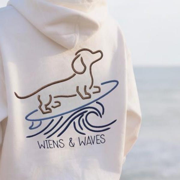 Embroidered Dachshund Surf Hoodie | Wiens & Waves | Coastal Dog Hoodie | Unisex Heavy Blend Sweatshirt