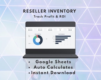 May include: A digital graphic displays "RESELLER INVENTORY" and "Track Profit & ROI." The screen shows sales data and stock breakdowns. Below, it lists "Google Sheets," "Auto Calculates," and "Instant Download." The background has a geometric pattern.