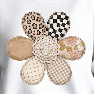 Margarita de patchwork PNG / Floral retro a cuadros de leopardo / Flor bohemia neutra PNG / Diseño de camiseta de moda / Descarga digital I Camiseta preppy